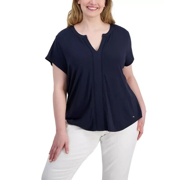 Tommy Hilfiger Women's Plus Size Split-Neck Cap-Sleeve Top Midnight Blue 1X - Picture 1 of 5